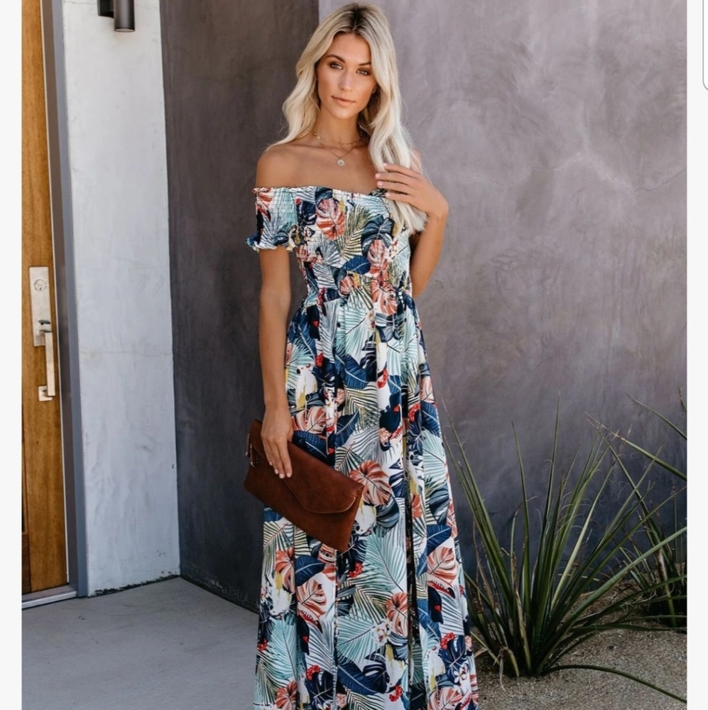 vici very vacay smocked slit maxi dress